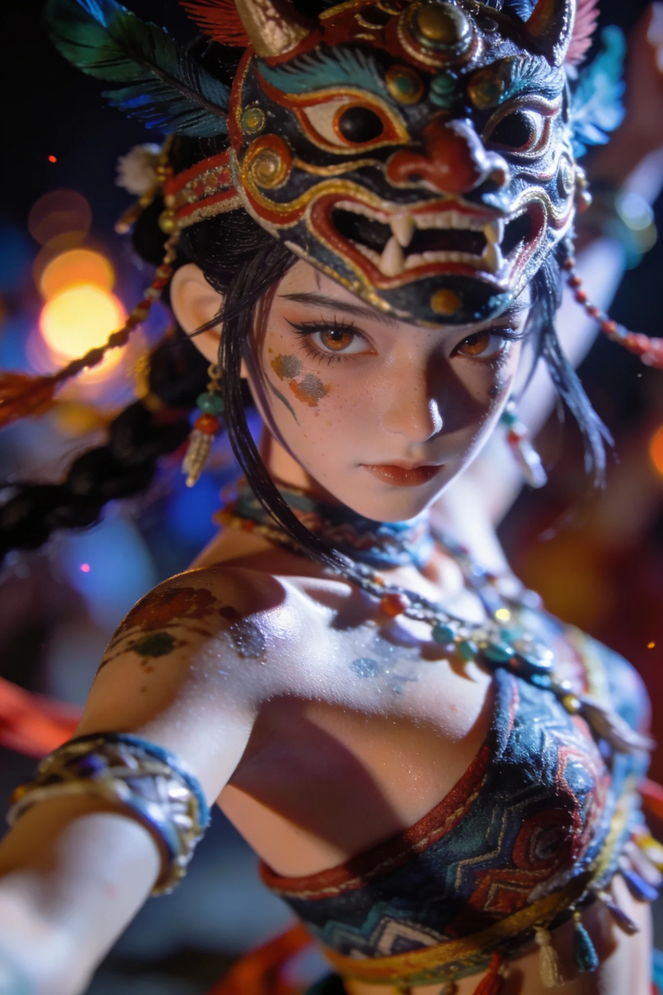 Illustration special effects, ancient Chinese style, anime, shaman girl, mask, gorgeous colors, shaman dance, sacrificial ritual, mysterious ceremony atmosphere, brushstrokes, clean lines, strong chiaroscuro contrast, ultra high-definition, draped feeling, cool and aloof, body close-up, highest quality. Clear skin, delicate rendering, detailed facial features, realistic fine texture, extreme skin detail depiction, rich details, hazy atmosphere, close-up lens, upper body composition, enhanced facial shadows, Gaussian blur soft-focus, dramatic light-shadow contrast, composition blending reality and fantasy, dual color temperature flash lighting, bokeh background. High quality, photorealistic, vibrant colors, realistic proportions, BJD doll aesthetic, dappled facial light and shadow, side lighting, sense of destiny, deadly piercing gaze, emotional eyes, direct eye contact with camera