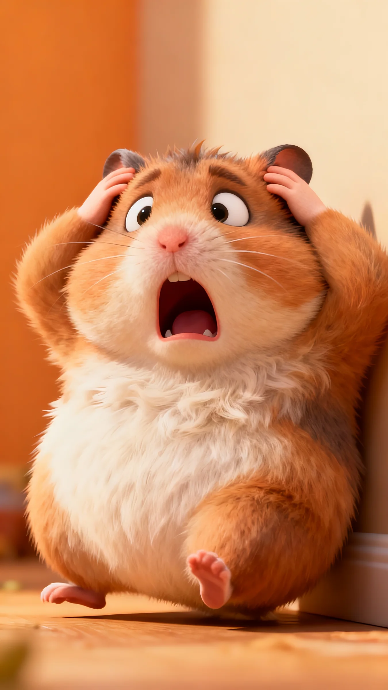 3D style. A chubby little hamster with a surprised dynamic pose, face showing an extremely terrified expression, covering its head with both hands. Terrified gaze, mouth wide open. Body leaning backward in fear.
