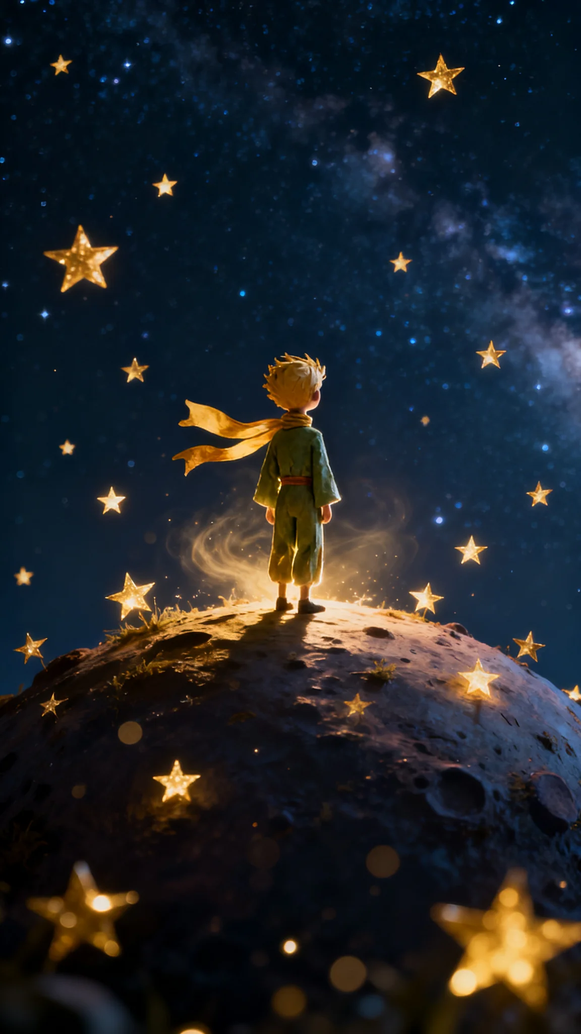 The Little Prince standing on his tiny planet under a vast cosmic night sky, glowing golden stars falling around him, magical bokeh atmosphere with deep shadows, ethereal and haunting, surreal starlight illuminating his figure, mystical aura, dreamlike and otherworldly, cinematic fantasy style, highly detailed, luminous yet dark, enchanting and mysterious