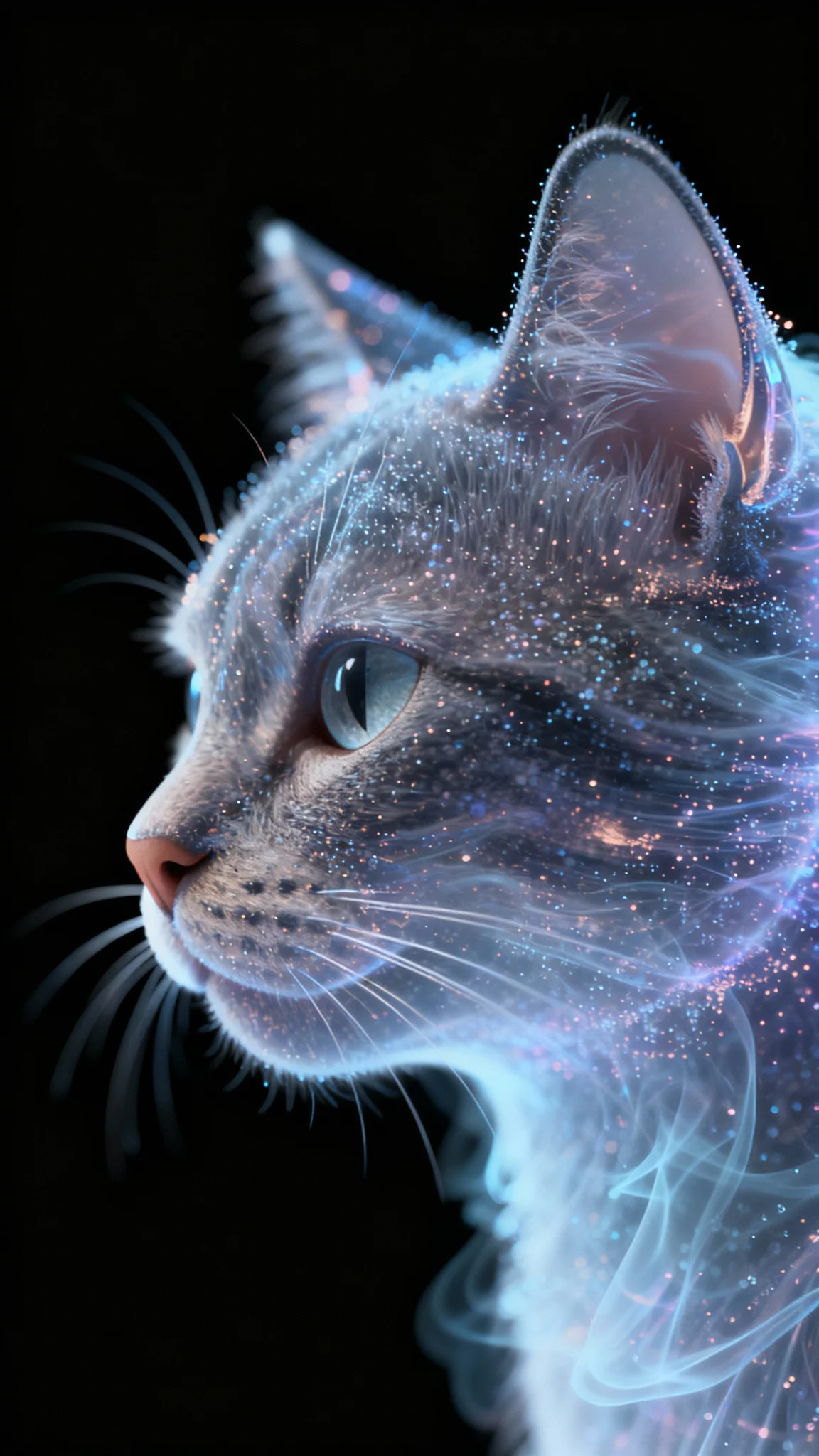 A large cat side profile composed of ghost particles, tiny particles, C4D, OC render, translucent texture, blurred edges, double image effect, gamma ray capture, black background, live-action photography aesthetic