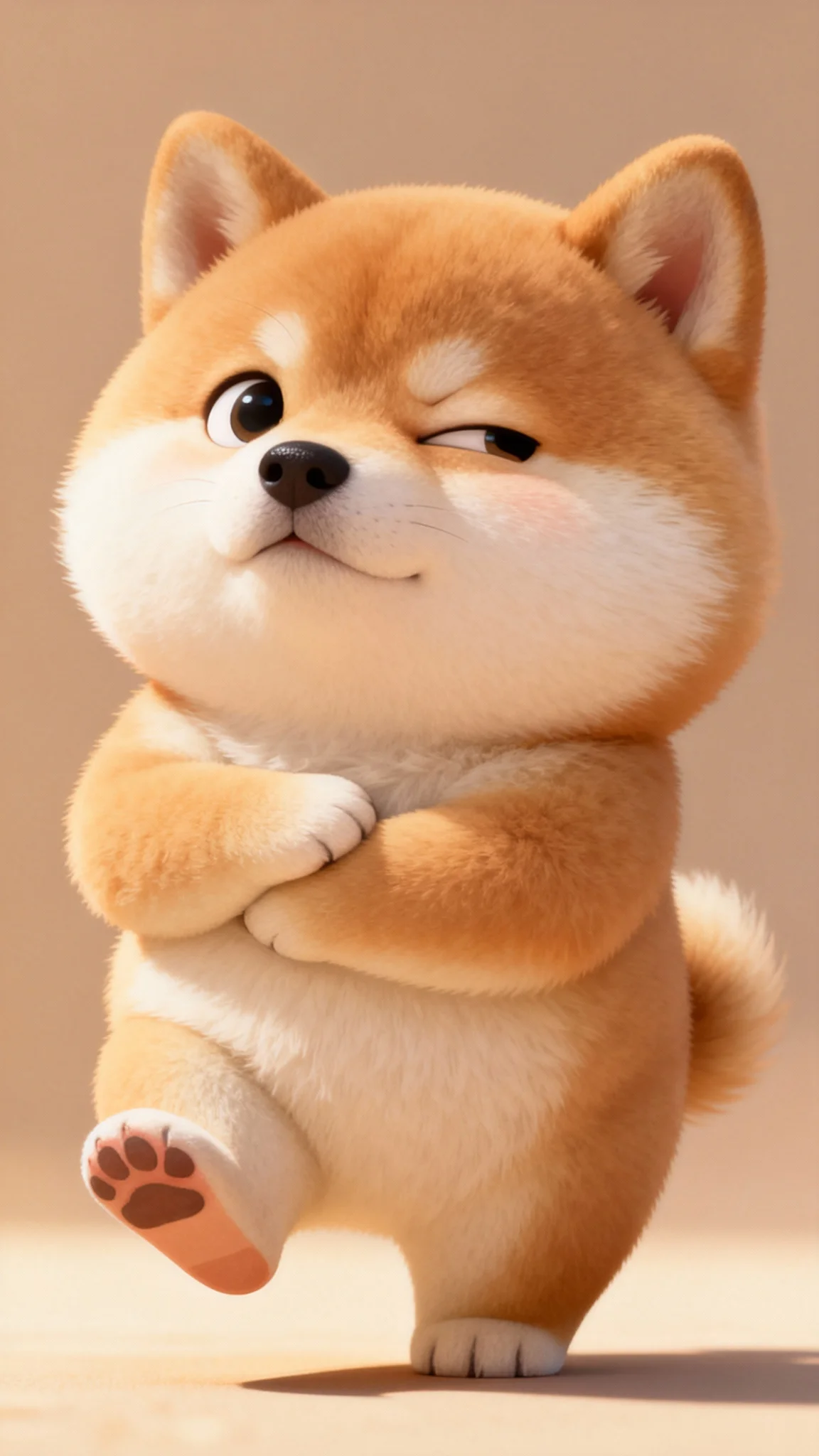 A cute Shiba Inu puppy, big chubby face, small body, standing upright like a human, at-ease stance with one paw heel touching the ground, arms crossed, head tilted to one side, looking sideways at the sky, making faces, squinting with a crooked expression