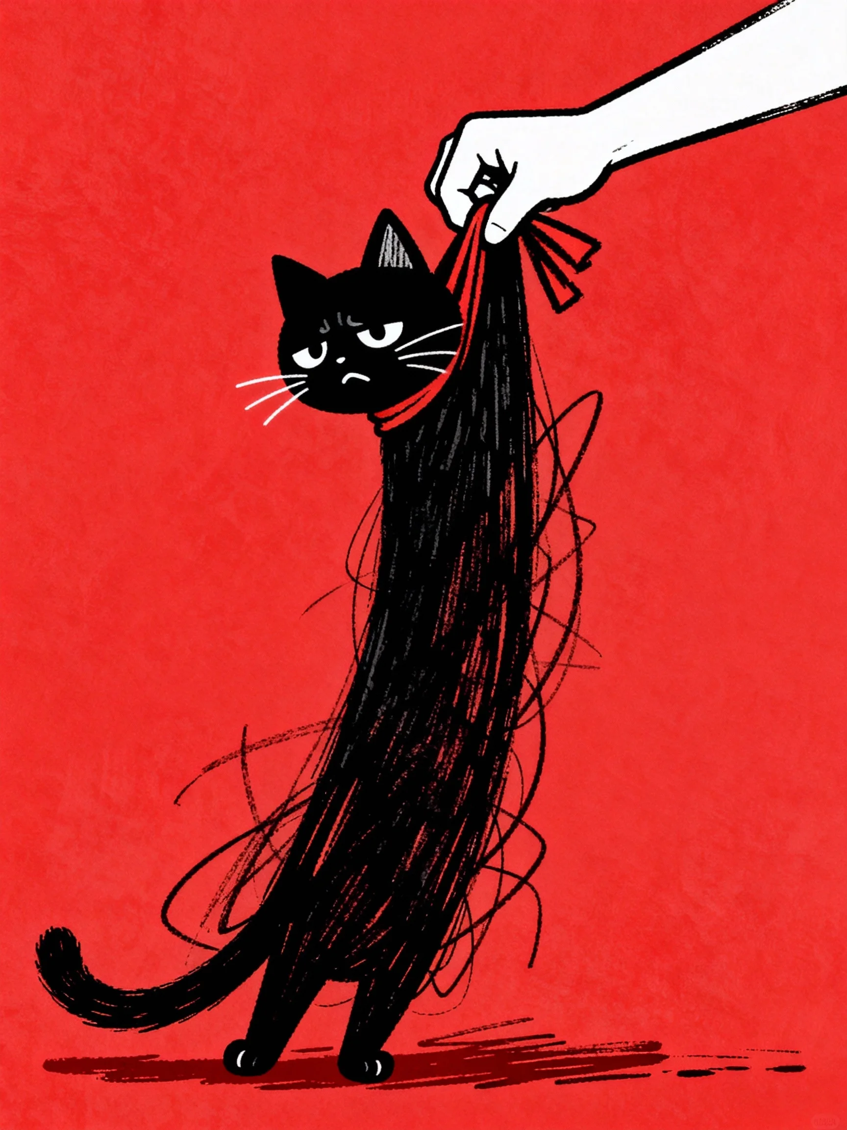 An extremely long black cat being held up by the scruff of its neck by a hand, the cat's expression helpless and gloomy, the cat's body length occupies the entire left side of the frame, exaggeratedly elongated body. Graffiti style, rough, minimalist, messy art lines. Q-version, humorous, illustration, bold artistic line art, printmaking style, red background