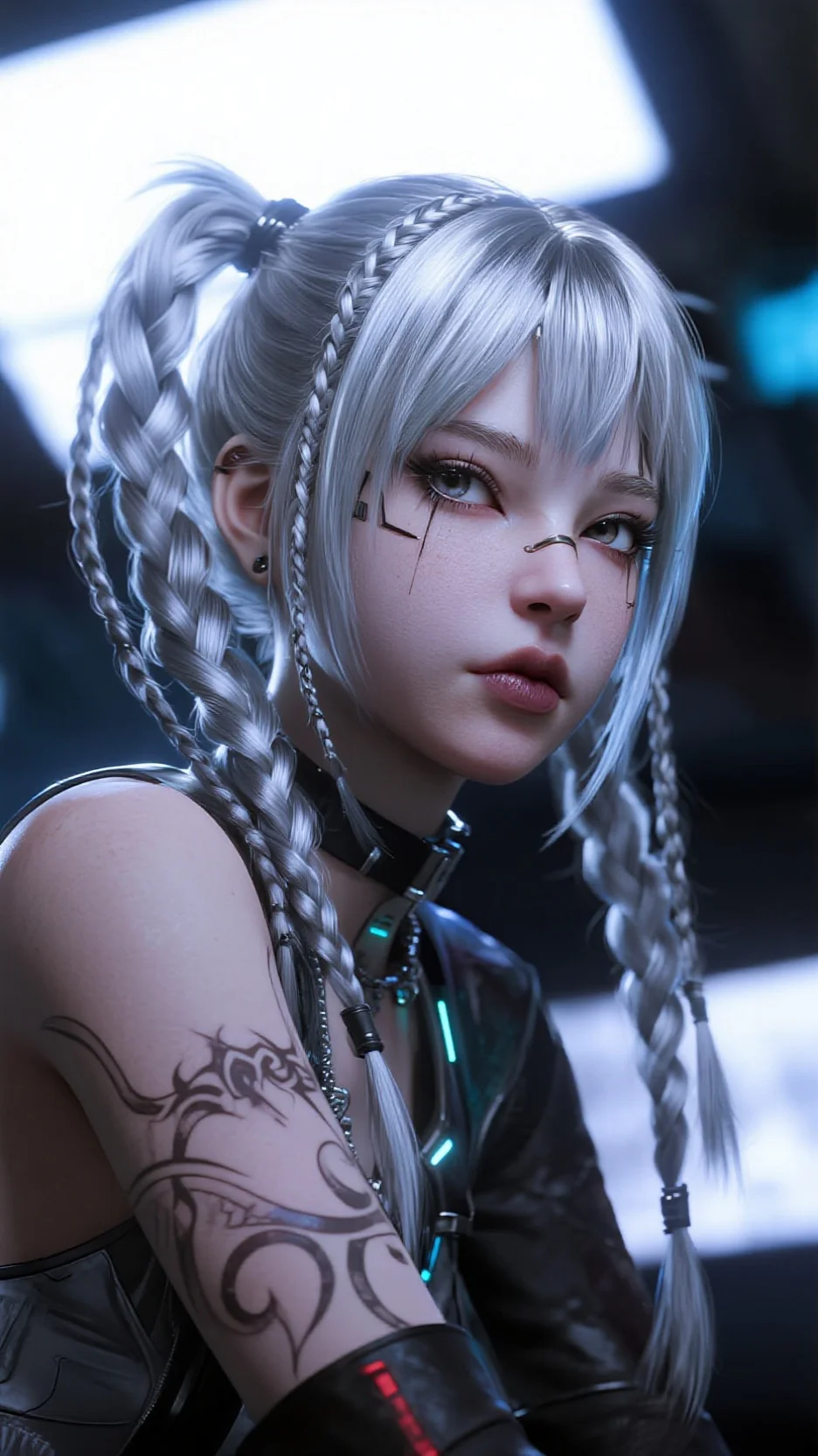 3D game CG, Western refined three-dimensional face, stylish cool girl, bright silver thick multiple long braids reaching the waist, realistic hair and skin gloss, bizarre outfit, mysterious arm tattoos. Dark and rebellious, cyberpunk atmosphere, ultra-detailed, hyper luminous, extreme blue light quality, ultra-clear 8K real-person rendering