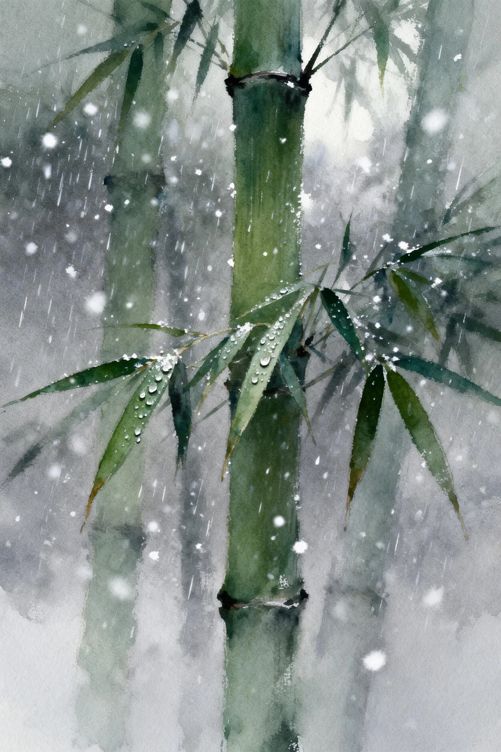 Oriental aesthetics, Turner watercolor palette, impressionist style, light green thick ink bamboo standing in rain, dewdrops, micro close-up snowflakes diffused and hazy, blurred grainy texture, low contrast, premium gray, dreamy, diffused hazy halo, motion blur, blurred imagery, hazy aesthetics, surrealism, high-end elegance, masterpiece, exquisite composition