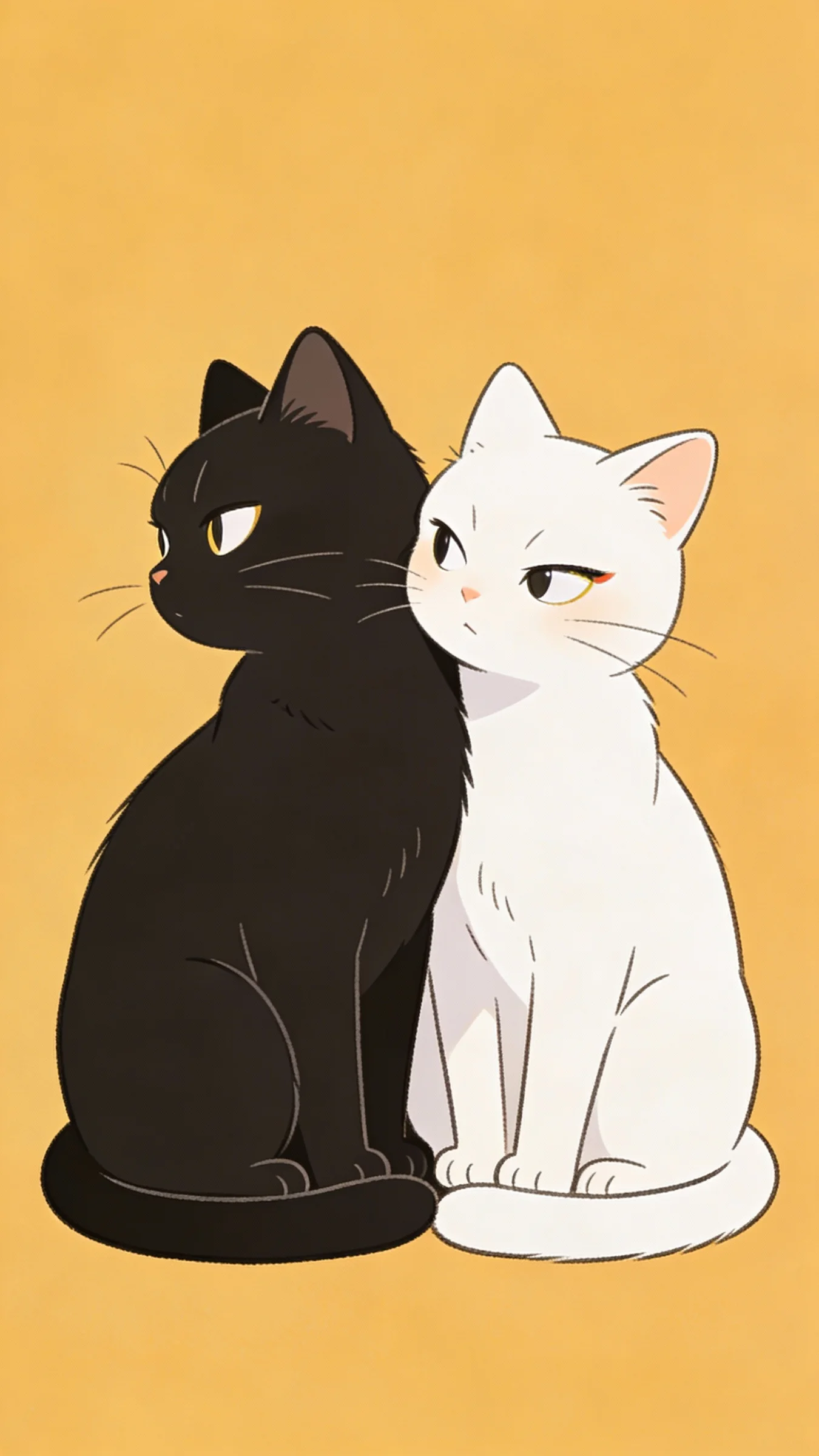 Two cats sitting tightly together but stubbornly ignoring each other — the black cat on the left abruptly turns its head left, the white cat on the right firmly turns its head right, neither willing to look directly at each other yet secretly glancing at one another from the corner of their eyes, playfully sulky, pure warm ginger-yellow background, cute cartoon style, soft lines, vivid expressions, high-definition quality