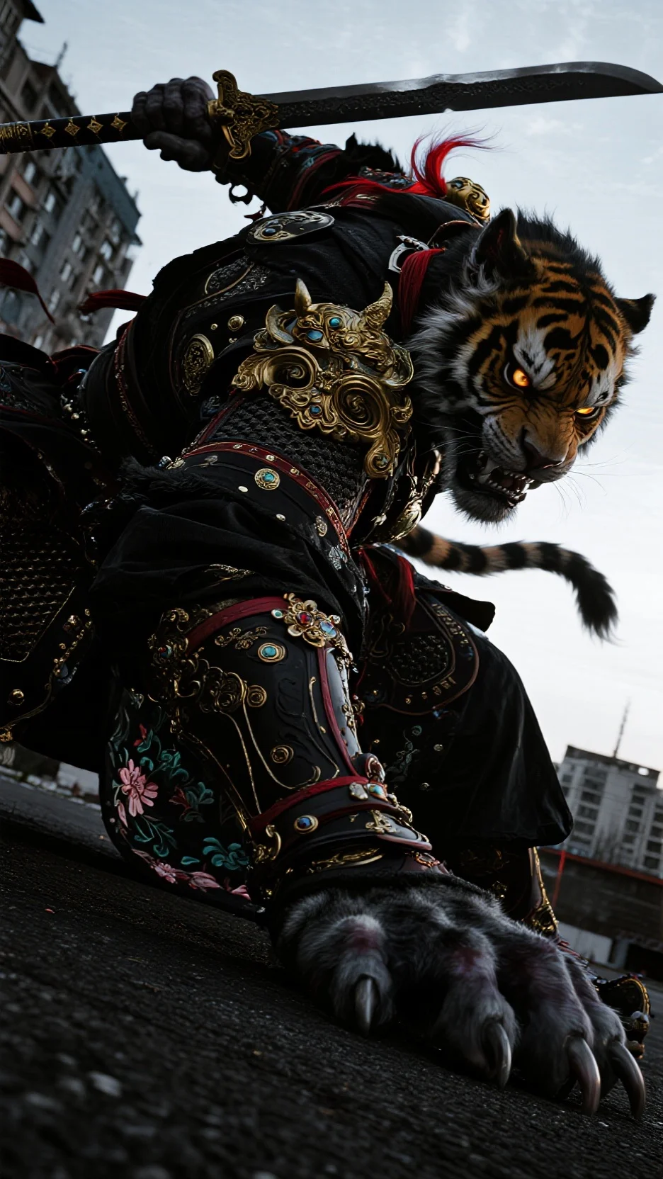 Chinese weird style, Black Myth Wukong aesthetic, dark mysterious style blended with Chinese aesthetics, modern urban backdrop, bizarre figures in darkness. Predatory crouching form, tilted composition, hellhound, a tiger-headed mighty general giant shouldering a gold-threaded large ring blade in heavy armor and black cloak. Super giant body, extremely powerful, wearing nine-wrapped black gold mountain-pattern heavy plate armor, real portrait photography style