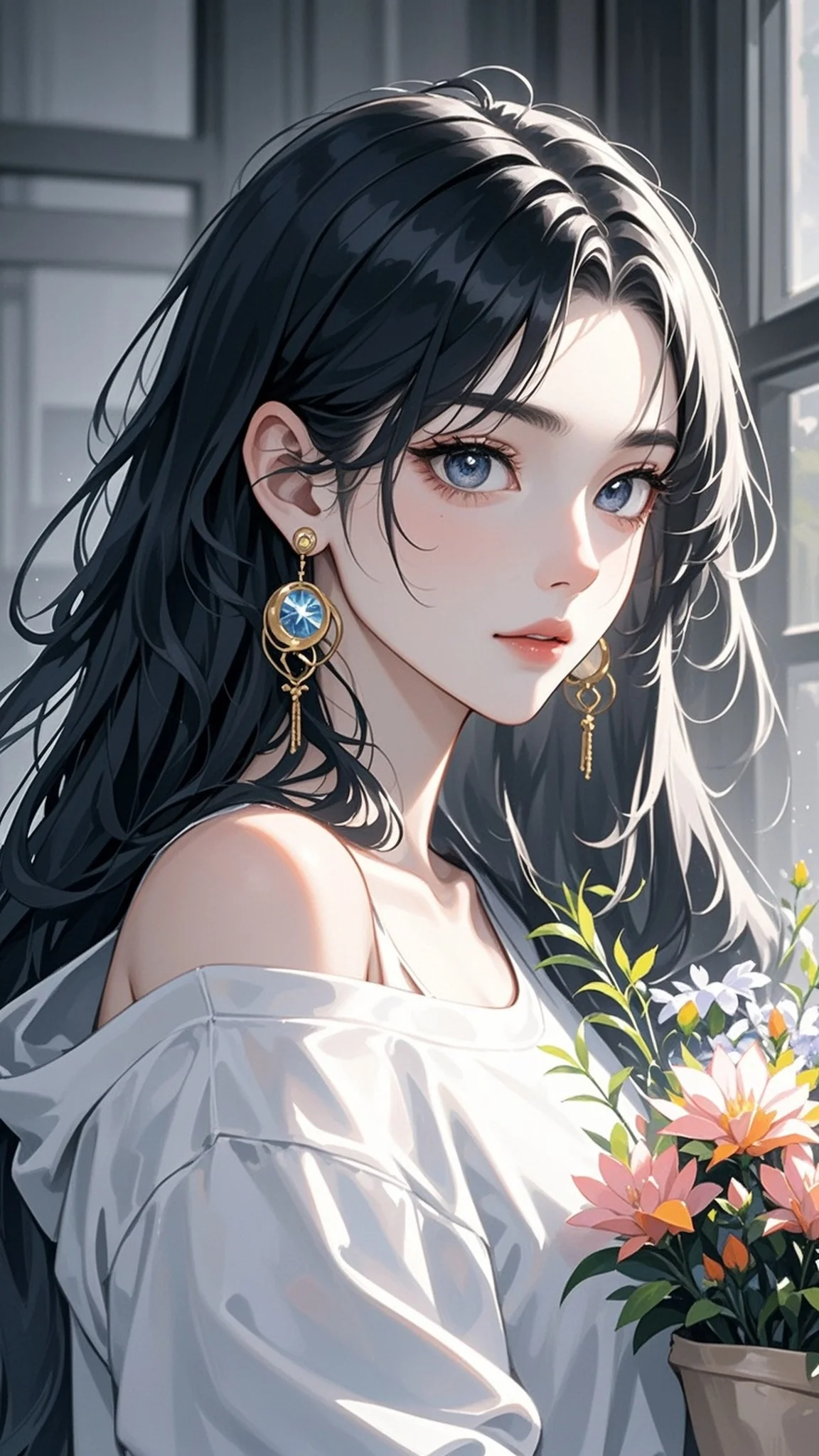 Anime game style girl, extremely long black hair, facial shadows with dramatic lighting, gray pupils, natural look, indoor setting, white off-shoulder hoodie, holding a bouquet avatar photo, cool and aloof feeling, face close-up, gradient lighting, side face natural light, large gold earrings