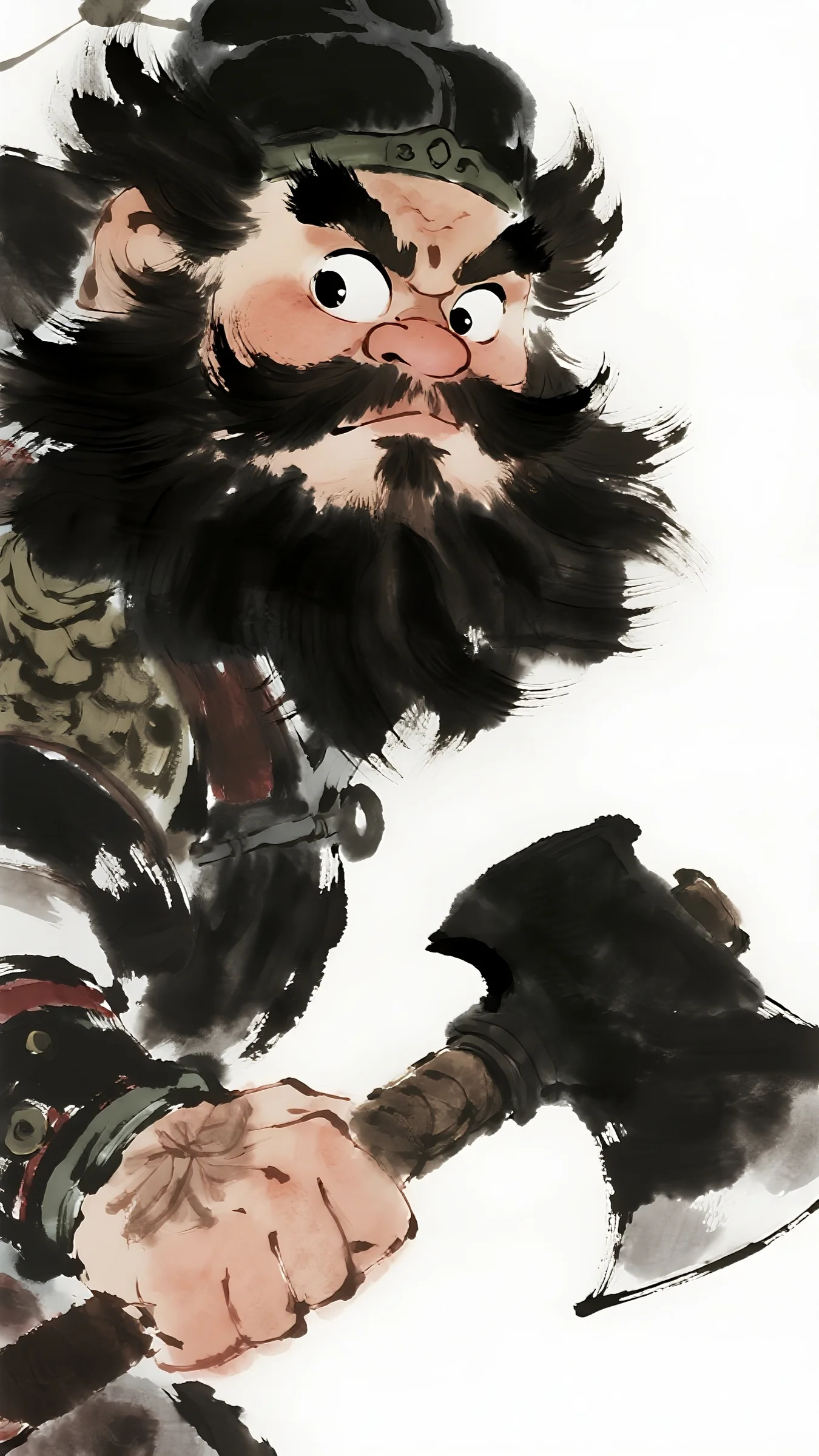 Avatar illustration, art illustration, fluffy visual style, Zhang Fei, wide-open eyes, holding a large axe, minimalist style, blurred form, white background, close-up, Q-version character design, oversized head, detailed ink painting style depiction, high aesthetic sensibility, graphical treatment, minimalism, negative space, artistic mood, premium masterpiece
