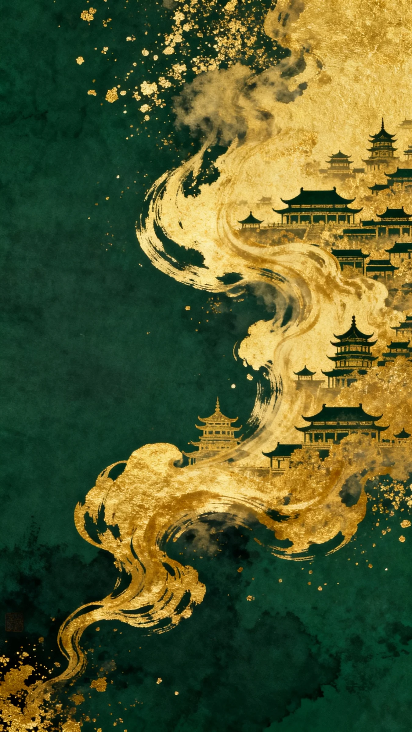 Flat illustration, minimalism, fine brushwork painting, gold foil and mineral pigment painting. A cluster of abstract golden smoke extending from the lower left to upper right of the frame, with numerous silhouettes of ancient Chinese architecture vaguely visible within the smoke. Brush texture, ink bleeding texture, graininess, edge dissolution. High saturation, color contrast. Dark green background, gold-speckled xuan paper texture, vast negative space.