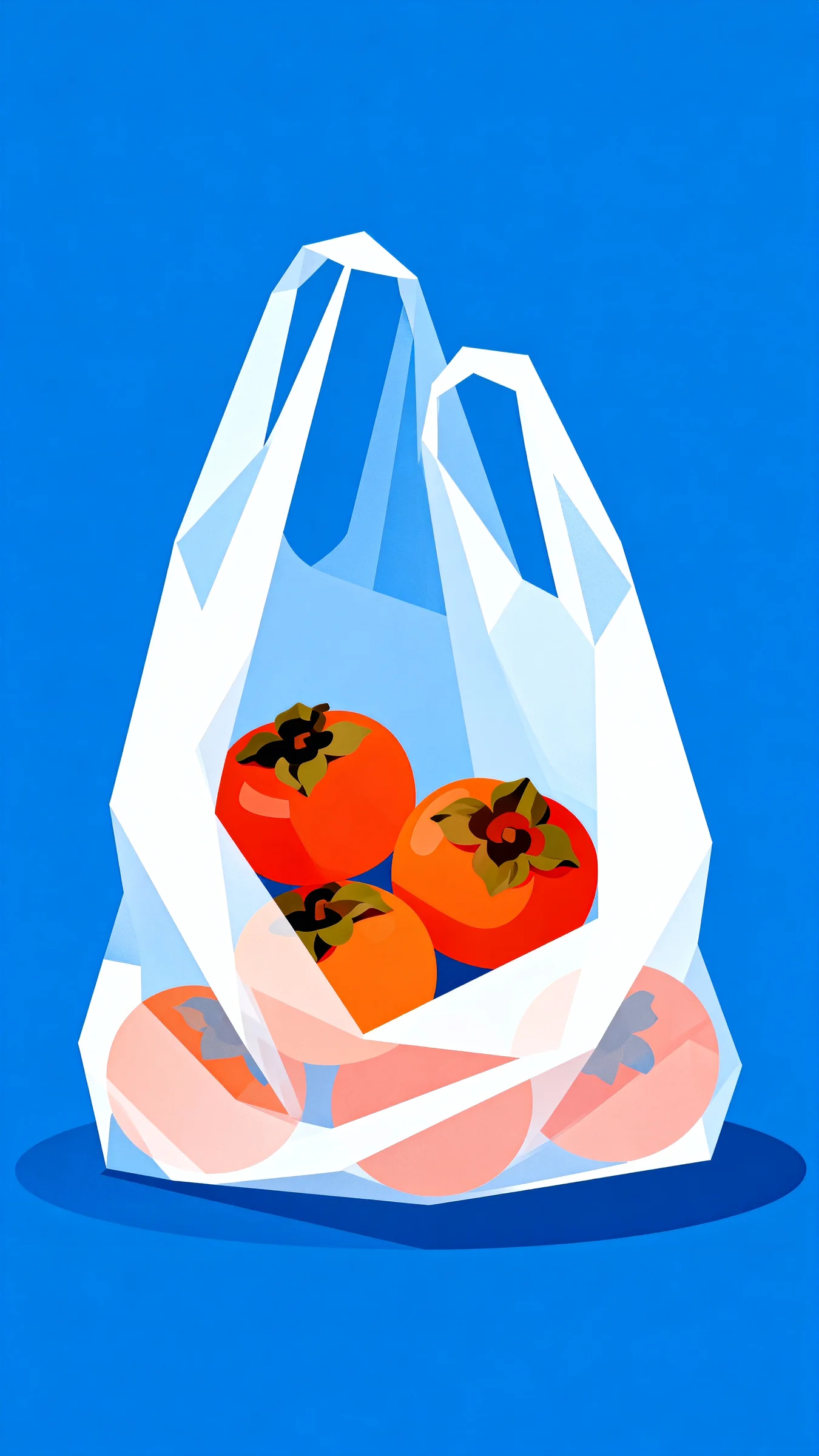 Minimalism, abstract illustration, flat illustration, blue background, white plastic bag, plastic bag filled with persimmons, large color blocks, solid color composition.