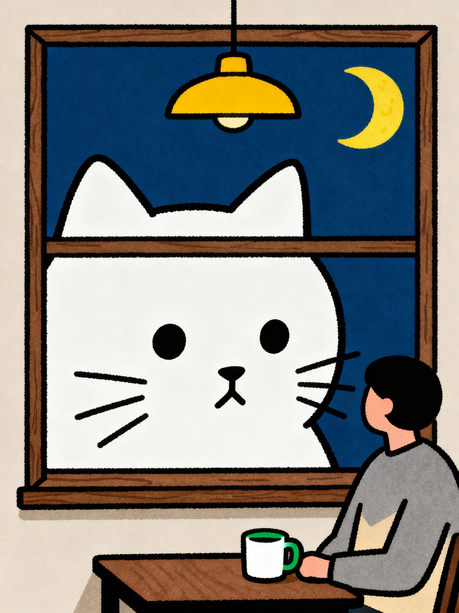 Minimalist flat illustration, healing-style aesthetic, thick black outline, soft paper texture, low-saturation solid color background, large color block fills, clean negative space, quiet and warm, cozy daily life scene, deep blue background, wooden window frame and table in brown, warm yellow pendant lamp, enormous white cat occupying the entire window, bright yellow moon, humorous and healing visual