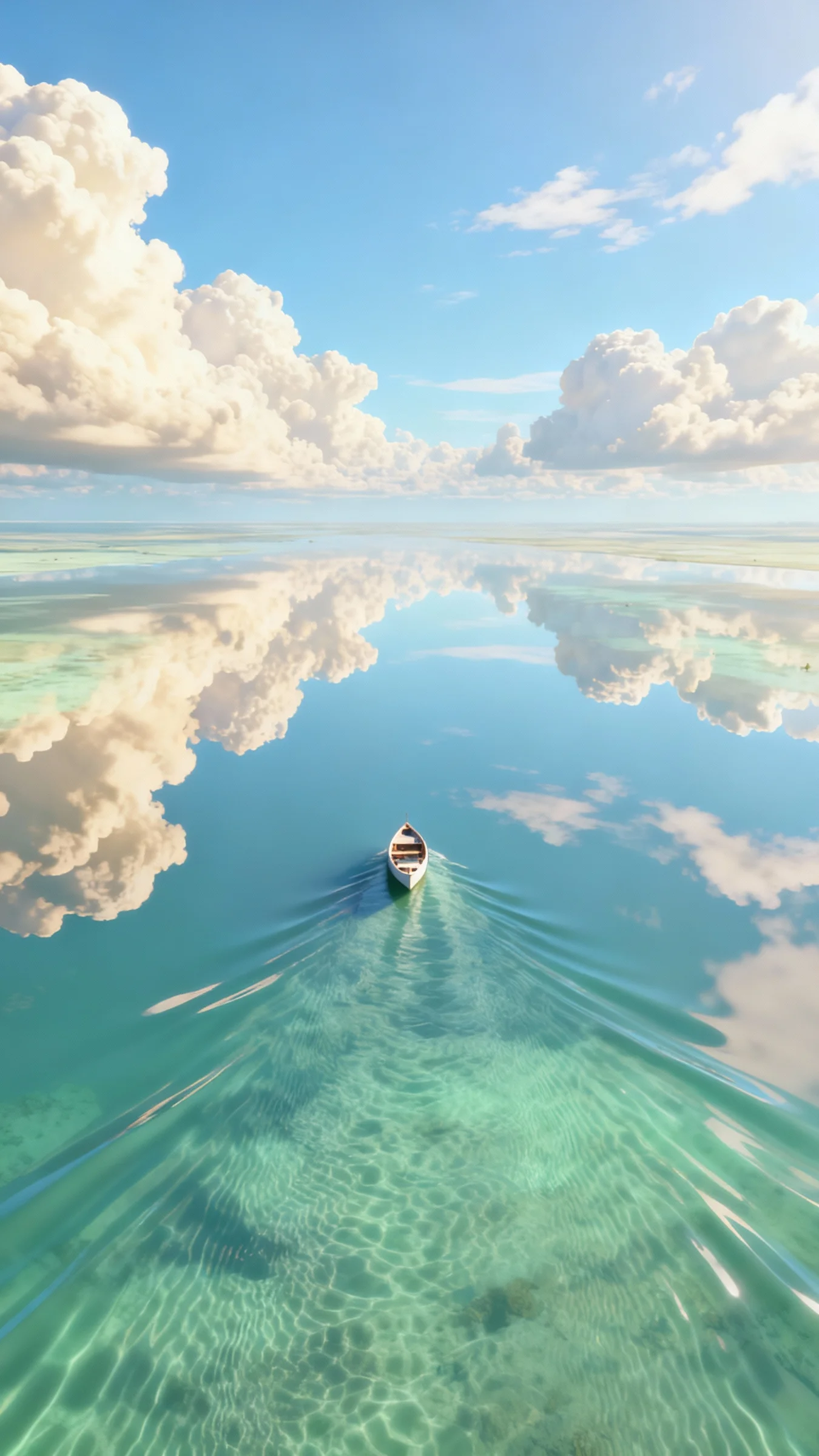 Breathtakingly beautiful healing landscape, expansive blue sky and white clouds, infinite mirror-like water surface, minimalist, distinctive, tiny landscape elements, small boat, ethereal and vast, drone aerial photography, fresh and natural colors, dreamy and healing, spectacular, exquisite details, master-level professional photography. 3D effect.