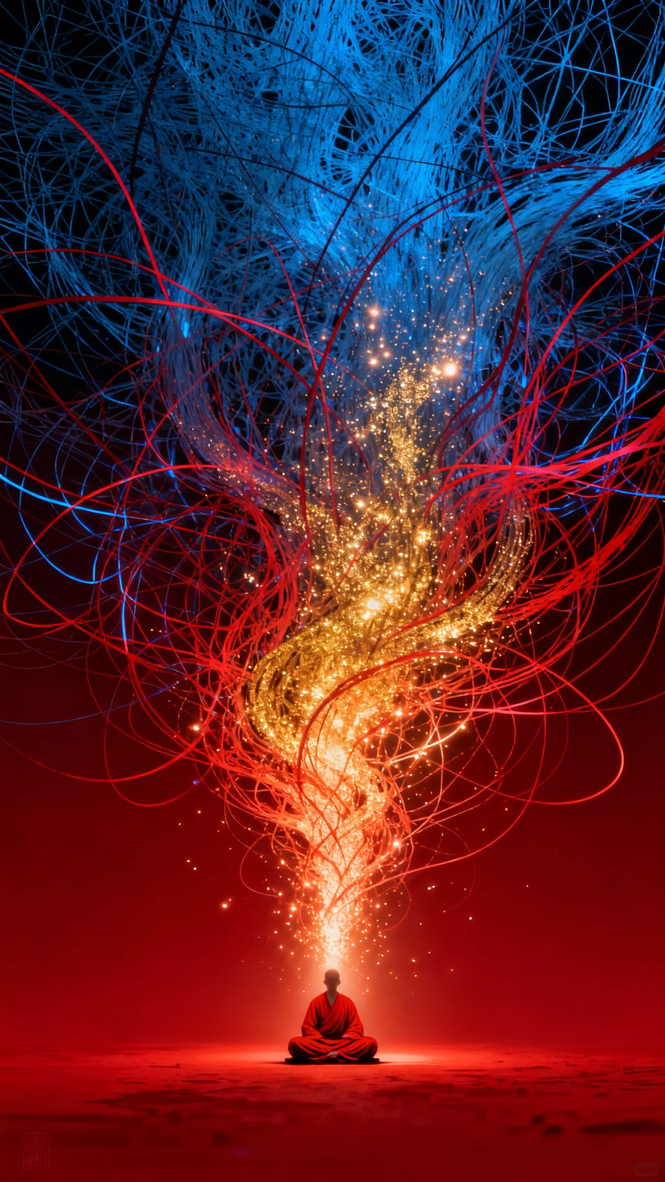 The entire picture filled and formed by extremely dense and complex continuous scribbled ballpoint pen lines, scribbles densely converging toward the center to continuously outline a small blurry meditating monk in red dharma robes, other lines filling the background in complex flat patterns, tangled red silk threads full of tension, drawn on dark cold gray cardstock, simple sketch style, wireframe and perspective style, red background, fluorescent blue and fluorescent red lines, minimalist deconstructed illustration, flexible industrial design. Large negative space, wild calligraphic expression, side backlighting, self-luminous warm highlights with strong halo effect, strong light-dark contrast, avant-garde neo-Chinese poster, master typography, forms composed of dispersed code particles, imagery from blurred to clear outlines, zen mystery, tech aesthetic, blue-gold tones