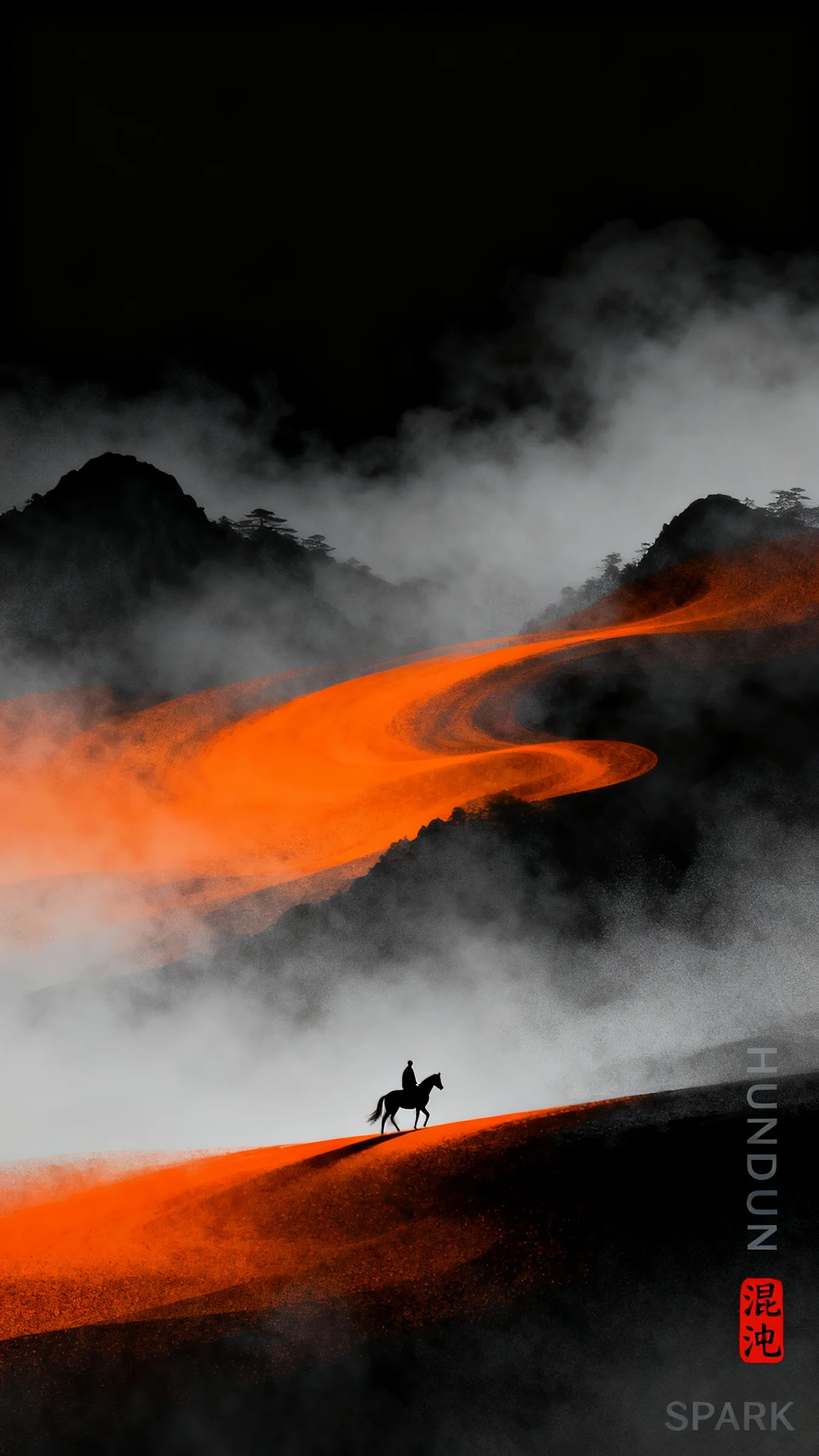 Pure black background, green mountains, twilight dusk, a solitary figure and horse walking alone in the rhythmic bright orange light and shadow, Eastern Zen aesthetic, colorful, poetic expression, surrealism, tranquility within bustle, light and shadow art, stream of consciousness, thick enveloping fog, unique grainy texture, exquisite composition. Minimalism, mysterious, master composition, layered gradient washes, bright colors gleaming in darkness.