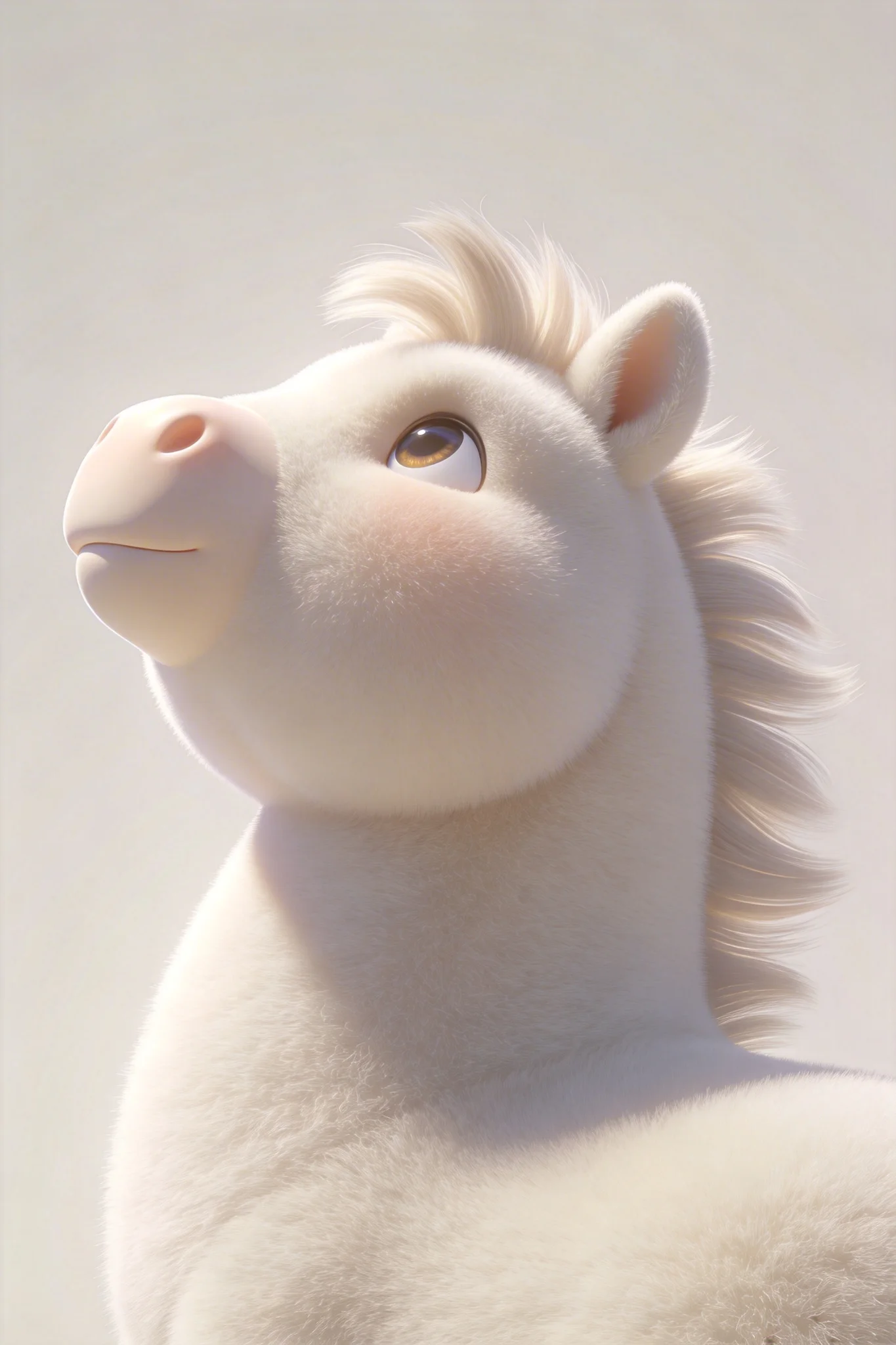 Fleece material, surrealist futurism, clean, simple, minimal, cute, adorable, artistic, ray tracing, hazy feel, simplified content, award-winning work with explosive imagination, intensified light and shadow, flat treatment, chubby little horse face side close-up, yearning gaze, head tilted upward