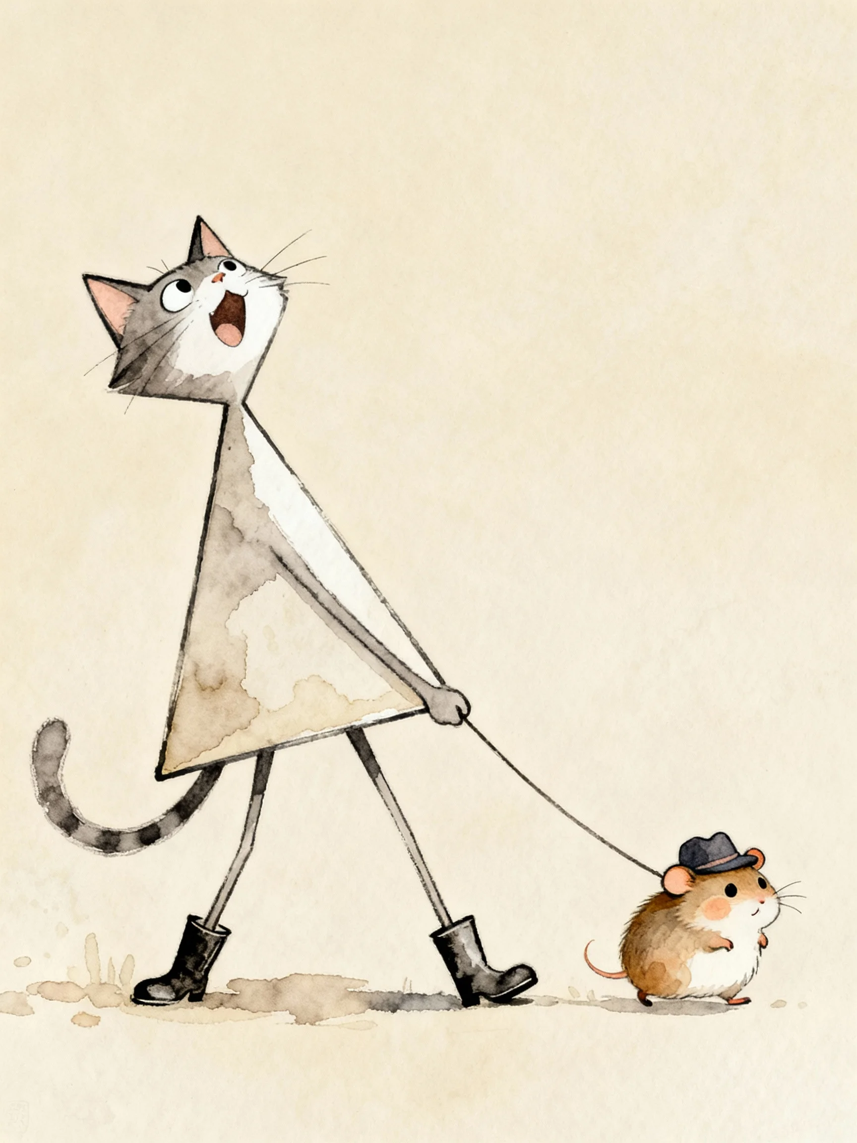 Picture book illustration, simple lines, premium beige monochrome background, large negative space, oddly shaped cat with head and body forming a triangle, long slender legs, wearing boots, looking upward, exaggerated expression, cat pulling along a dazed anthropomorphic little hamster wearing a hat, watercolor painting background