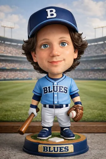Transform the subject into a classic baseball bobblehead figurine that clearly reads as a manufactured collectible rather than a person. Dramatically oversize the head so it feels top heavy and playful, connected to the body by a short, stiff neck that suggests a spring instead of anatomy. Preserve the subject's facial identity, but simplify the features and render the face as smooth matte painted vinyl skin with no pores or lifelike texture. Facial planes should feel simplified and graphic, with minimal surface detail. Hair and beard should appear fully sculpted, formed with carved grooves and solid shapes rather than individual strands. Dress the figure in a baseball uniform inspired by the colors of the subject's original clothing or local geography, translated into a cohesive jersey, cap, and accessories. The body should be small, rigid, and toy like. Place the figurine in front of a printed or softly illustrated baseball stadium backdrop so the scene reads as a collectible display, nostalgic and unmistakably a bobblehead. Do not include a name on the figurine.
