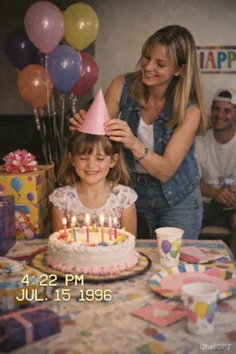 Transform the subject into a paused frame from a 1990s home camcorder recording on Christmas morning. Preserve the subject's facial features, proportions, and identity exactly as shown, without beautifying or altering their face. Frame the scene wide and environmental: the subject appears clearly adult but occupies a small portion of the frame, slightly off-center, dwarfed by the living room around them. They wear relaxed pajamas and are caught mid-movement with slight motion blur while decorating a Christmas tree or standing near a fireplace. The room dominates—tree lights, furniture, walls, and floor fully visible, with torn wrapping paper and opened boxes scattered throughout. The camera feels handheld and imperfect, shot from a slightly low or off-angle by a family member. Use VHS-era softness, blown highlights, muted reds and greens, color bleed, light tape noise, and uneven exposure. Include a blocky, monospaced VHS camcorder OSD date/time stamp burned into the lower left (e.g., "8:16 AM DEC. 25 1996"). Nostalgic, joyful, imperfect—like a real remembered moment.