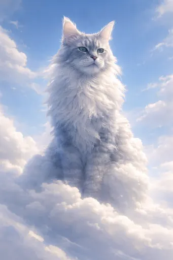 Transform the subject into a sculptural form composed of soft, atmospheric clouds, while preserving their recognizable silhouette, posture, and defining features. The transformation should feel symbolic rather than literal, with identity conveyed through shape, expression, and overall presence instead of surface detail. Build the form from layered cloud volume with gentle depth, allowing light and shadow to define structure without suggesting skin or material substitution. Use natural sunlight with soft highlights and airy shadows, set against a bright blue sky with a subtle gradient. The mood should feel ethereal and dreamlike, as if the subject's essence has taken on a temporary atmospheric form rather than replacing who they are.