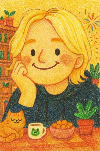 Create a warm, charming crayon-style illustration with soft, textured strokes and bold, childlike colors. Use visible crayon grain, layered shading, and slightly uneven hand-drawn lines. The character should have a friendly, rounded cartoon look with expressive eyes and a big warm smile. Include cozy, playful background details—plants, furniture, fireworks, pets, food, or cute objects—drawn in the same crayon style, adding personality without overwhelming the scene. Overall, make the image feel nostalgic, wholesome, and cheerful, like a handcrafted crayon artwork with rich color, soft texture, and a warm atmosphere.
