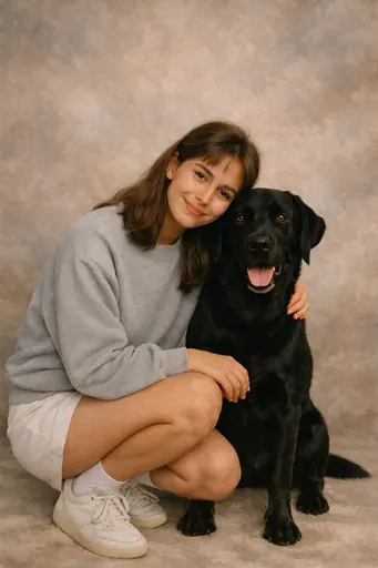 Create a classic department store-style studio portrait from the late 1980s to early 1990s. Only include the people and/or animals in the uploaded photo. Awkwardly wholesome, mall-photo-studio energy. Soft beige and gray muslin backdrop with subtle mottling. Flat, even studio lighting with mild flash glare and gentle shadows under the chin. Subject posed stiffly but earnestly, slightly turned shoulders, hands folded or resting on knees. Styling includes oversized sweaters, tucked polos, denim, pleated khakis, sensible sneakers, and conservative jewelry. Hair is voluminous, feathered, or lightly permed. Expressions are polite, mildly uncomfortable smiles. Colors are muted pastels and warm neutrals. Shot on medium-format film with soft focus, slight grain, and a faint vignette. Composition feels affordable, mass-market, and deeply nostalgic. No modern fashion, no cinematic lighting, no high contrast, no luxury styling. Authentic department-store portrait realism.