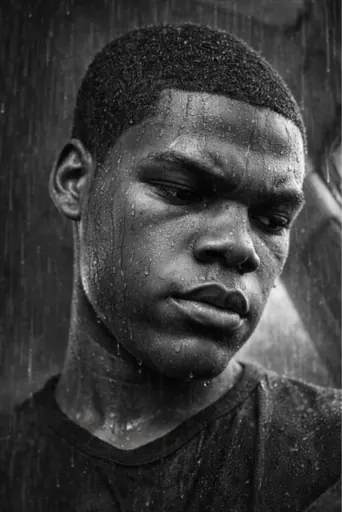 Create a dramatic black-and-white headshot of the subject or subjects with a moody, cinematic atmosphere. Use high-contrast lighting that carves out the face with deep shadows and bright highlights. Make the subject appear wet, as if the subject has just been caught in the rain, with irregular water droplets and streaks across the cheeks, forehead, and jawline. Hair should look damp and slightly clumped, with a few strands falling naturally across the face. Keep the background dark and minimal so the illuminated features and droplets stand out. The overall look should feel intense, emotional, and photographic — a raw, expressive portrait with real rain texture and dramatic tonal depth.