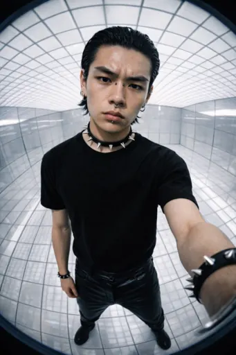 A high-contrast, bright futuristic portrait photographed with a Hasselblad medium-format film camera using an extreme fisheye wide-angle lens and harsh on-camera flash. The space is constructed from glossy white floor panels that reflect light, and a gridded white ceiling emitting uniform illumination. The scene feels clinical, sci-fi, and minimalistic.
