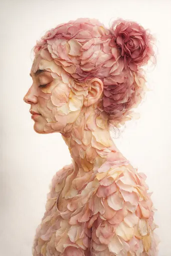 Transform me into a figure made entirely from layered flower petals. Use realistic petal textures, delicate edges, and natural overlaps to form facial features and silhouette while keeping identity recognizable. Soft daylight, gentle shadows, and a clean minimal background. Photoreal, high-detail, elegant.
