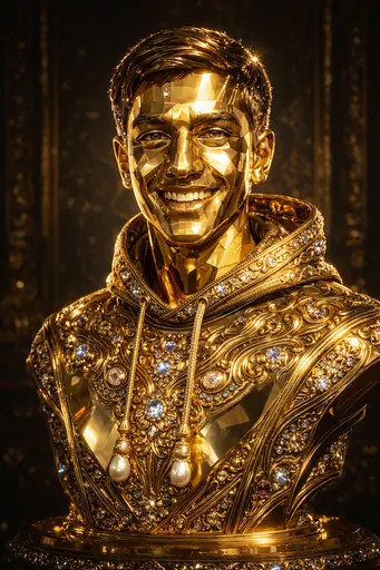 Create an ornate gold sculpture presented as a finely crafted art object. The sculpture is inspired by the proportions and facial structure of the provided reference image, expressed through carved form and relief rather than skin or photographic detail. The figure should read clearly as a sculptural object, not a living body, with identity suggested through abstracted facial planes, silhouette, and engraved geometry. Construct the entire form from polished gold, adorned with diamonds, pearls, and colorful gemstones set into the surface. Add intricate engravings and flowing filigree patterns across contours and recessed areas, emphasizing craftsmanship and material depth. Use sharp, high-end studio lighting to create crisp reflections, strong specular highlights, and deep shadowed recesses. Place the sculpture against a richly detailed but restrained background that supports the luxurious mood without drawing focus. The final image should feel frontal, hyper-detailed, and museum-like, unmistakably an art object rather than a person.