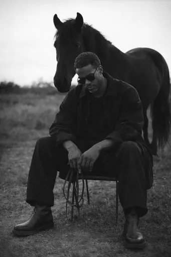 Using the uploaded image as reference, create a fine-art fashion editorial scene of a figure seated low on a minimalist metal stool, legs extended forward in a relaxed, grounded posture, feet planted evenly, one hand resting loosely between the knees holding thin leather reins, shoulders slightly slouched and head tilted downward in a calm, introspective pose; the subject wears dark oversized layered clothing, wide-leg trousers, leather boots, and dark sunglasses. A powerful black horse stands close behind the seated figure, aligned protectively and partially overlapping their silhouette. The setting is an open, natural landscape with sparse wild grasses and rounded forms beneath a bright, overexposed sky that creates strong negative space and high-contrast lighting. The overall look is cinematic and timeless, with soft highlights, matte texture, subtle film grain, and a monochrome fine-art aesthetic, evoking luxury fashion photography and editorial elegance.