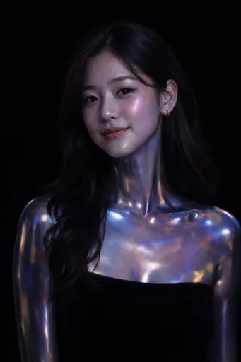 Using the uploaded image as reference, create a stylized editorial portrait that preserves the subject's exact facial features, proportions, and identity with no beautification or alteration. Render the skin and upper body as if sculpted from iridescent, holographic metallic material, with smooth reflective surfaces that shift between deep blues, purples, and subtle gold highlights under controlled studio lighting. Keep the pose calm and statuesque, with a composed expression and neutral posture. The background should be pure black, minimal, and distraction-free, emphasizing form and material. Avoid cultural accessories or costumes, focusing instead on elegant facial structure, refined contours, and a futuristic, museum-quality aesthetic. If it's a pet, change their fur color to match the vibe. The result should feel powerful, tasteful, and age-appropriate, like a high-fashion conceptual portrait rather than fantasy or sci-fi character design.