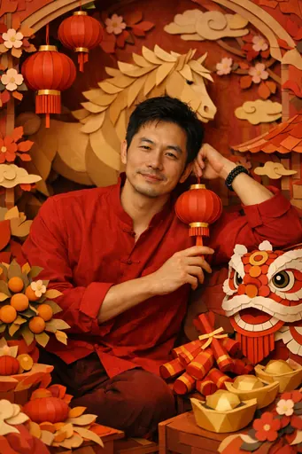 Create an image featuring the uploaded likeness naturally embedded within a Lunar New Year inspired 3D diorama made entirely of intricate cut paper. Foreground elements overlap the figures. Feature a paper cut horse in the background. Change all clothing to be shades of red. Lighting in the scene should be cohesive. Poses should be natural, reacting to the scene, with the person gently interacting with nearby paper elements.