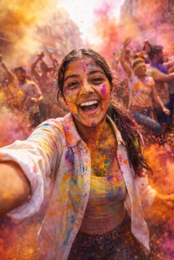 Create a vibrant, ultra-realistic documentary-style image of the uploaded subject celebrating Holi, their face coated with gulal. They have a joyful, spontaneous expression. Dense clouds of fine dry color erupt into opaque, sunlit plumes around them as crowds perform energetic, synchronized Indian festival dances in a dynamic, immersive perspective.