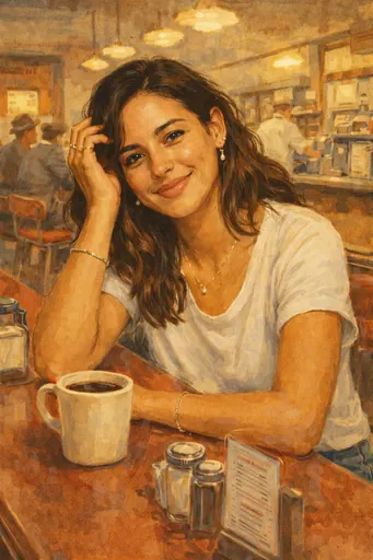 Using the uploaded image, generate a hand-painted narrative illustration in a mid-century Americana style based on Norman Rockwell. The scene should be constructed through painterly interpretation rather than photographic accuracy, with forms built from visible brushwork, softened anatomy, and warm color relationships. Lighting is warm and interpretive, not cinematic or lens-based. The final image should feel humane, nostalgic, and clearly illustrated—like a story told in paint rather than a photo rendered in oils.