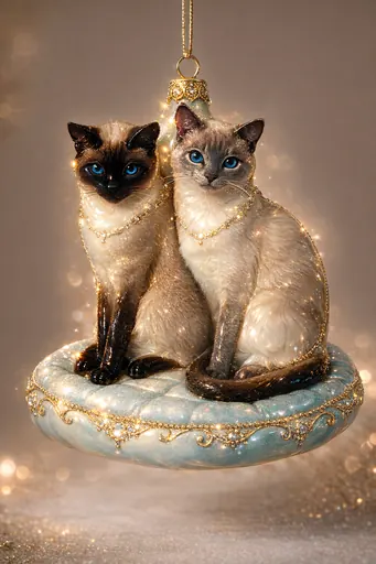 Turn this into an ornament sculpted from glossy molded glass, finished in a high-shine lacquer that catches light from every angle. Its surface feels perfectly smooth and cool, with a weight that suggests fragility and permanence at once. The coating is a lustrous enamel, somewhere between ceramic and a candy shell—reflective enough that small highlights bloom across its curves like soft sparks. Include a visible metallic ornament topper and attachment loop placed directly on the very top center of the person or object, aligned on the vertical axis. The topper should be clearly visible, emerging cleanly from the top and designed for hanging without disrupting the overall form. Make the background color similar to the input image.