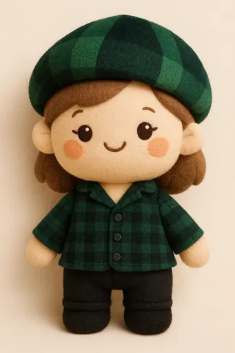 Transform the subject or image into an adorable plushie-style form with soft textures and rounded proportions. If a person is present, preserve recognizable traits; otherwise, reinterpret the object or animal as a cozy stuffed toy using felt or fleece textures. Give it a cozy felt or fleece texture, simplified shapes, and gentle embroidered details for the eyes, mouth, and features. Use a warm, pastel or neutral color palette with smooth shading and subtle seams, like a handcrafted stuffed toy. Keep the expression friendly and cute, with a slightly oversized head, short limbs, and a cuddly silhouette. The final image should feel like a charming, collectible plush toy — cozy, wholesome, and huggable, while still recognizable as the original subject.