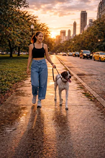 Using the uploaded image as a reference, create a highly detailed, ultra-clear image of the subject in an outdoor environment just after a light rain. Keep the subject recognizable and sharply in focus, with no motion blur or softness. The scene should feel freshly washed: wet pavement, subtle reflections, and a shallow puddle nearby catching warm sunset light. Use golden-hour lighting with clean highlights and natural contrast, allowing reflections to feel realistic rather than glossy or exaggerated. Add a very light drizzle in the air for atmosphere, delicate and sparse, without obscuring details. The overall image should feel crisp, neat, and cinematic—clean lines, clear textures, and realistic depth—like a high-resolution photograph taken moments after the rain has passed. Avoid haze, fog, heavy rain, lens blur, or dreamy effects.