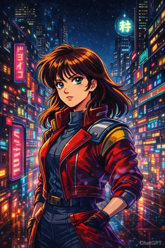 Transform the subject into a Japanese 1980s anime character with a retro-futuristic aesthetic. Use bold line art, slightly exaggerated facial features, and cel-shaded shadows typical of hand-drawn animation. Apply vibrant yet slightly desaturated colors and dramatic neon lighting. Place the character in a dynamic cyberpunk environment with subtle film grain, glowing signs, and atmospheric haze. The final image should feel like an iconic 80s sci-fi illustration: energetic, stylized, nostalgic, and fully hand-drawn.